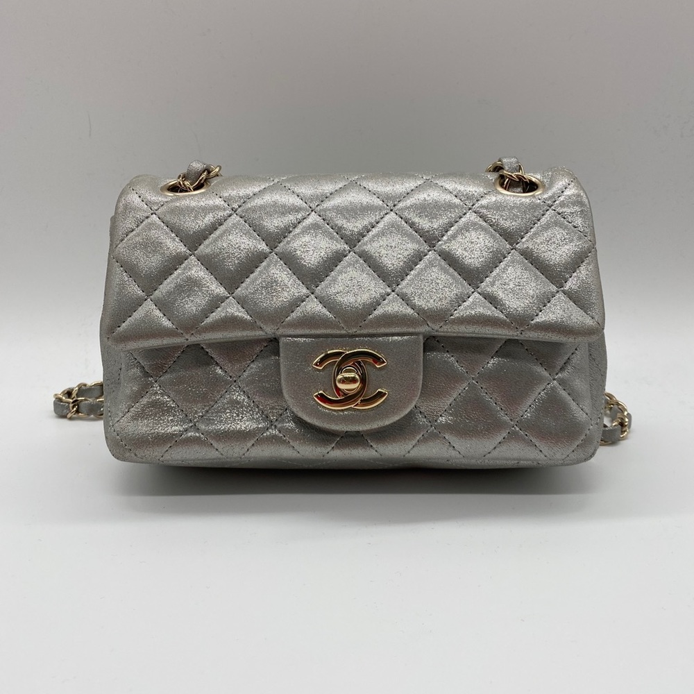 AUTHENTIC CHANEL SILVER NUBUCK LEATHER SINGLE FLAP SHOULDER BAG